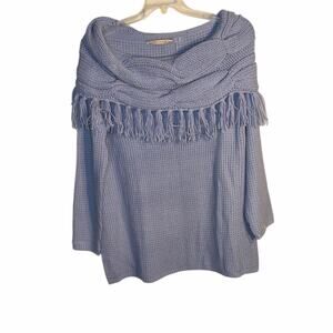 Soft Surroundings Blue Fringe Off-Shoulder Cowl Neck Knit Sweater Petite Large